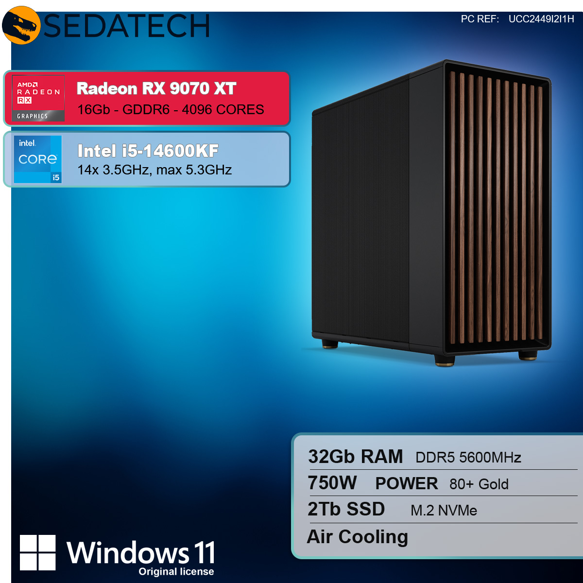 Case PC nero, Radeon RX 9070 XT, Intel i5-14600KF, Windows 11. Specifiche elencate sotto.