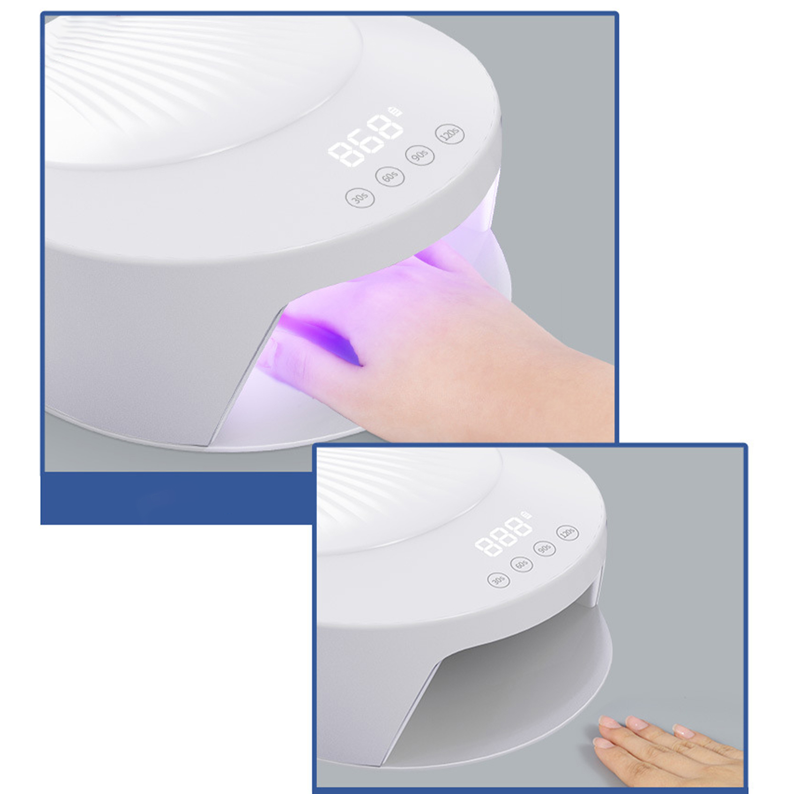 Eine weiße Nagellampe mit einer Hand darin. Zeigt einen digitalen Timer und Einstellungen.