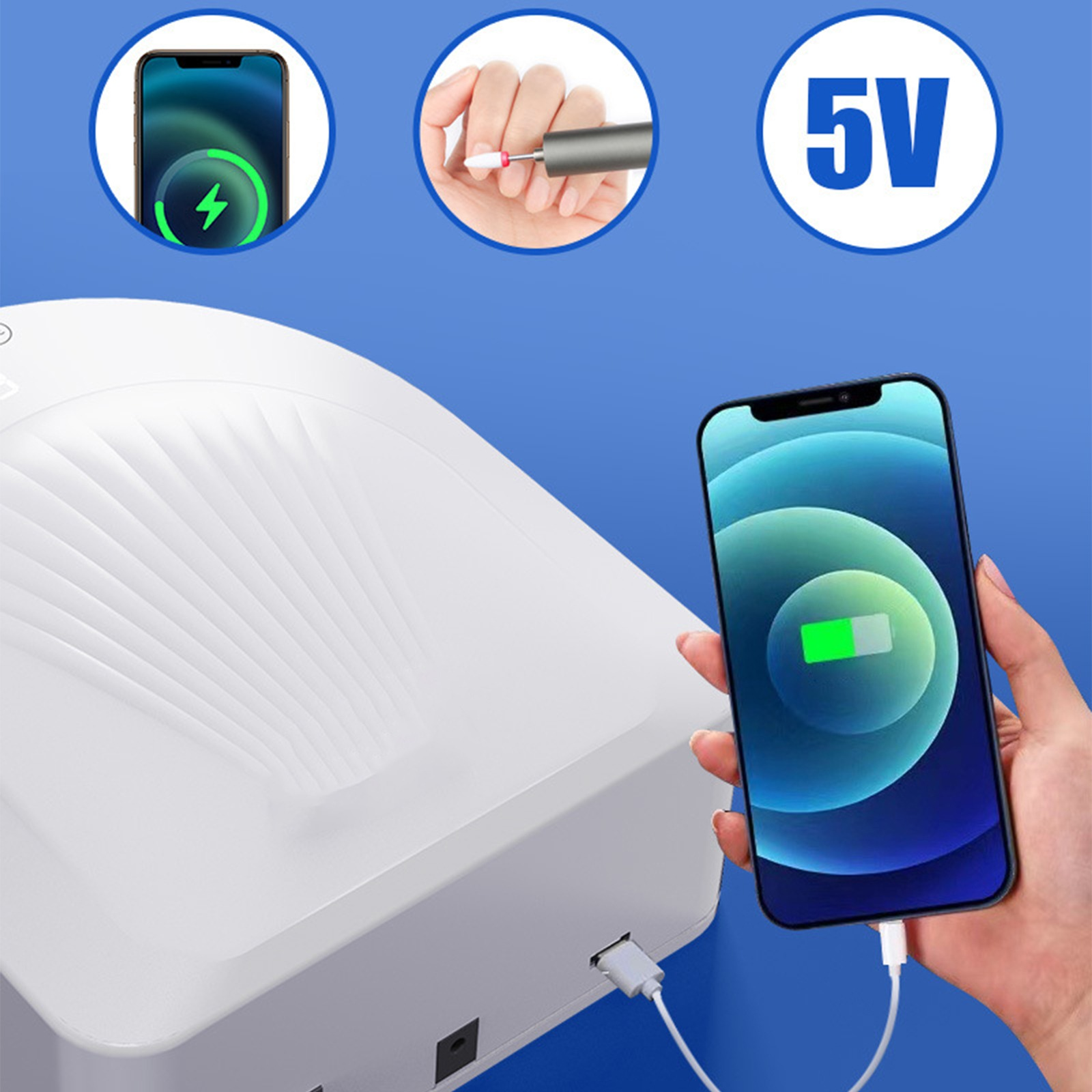 Ein weißes Gerät mit eingestecktem Telefon. Drei Symbole eines Telefons sind sichtbar.