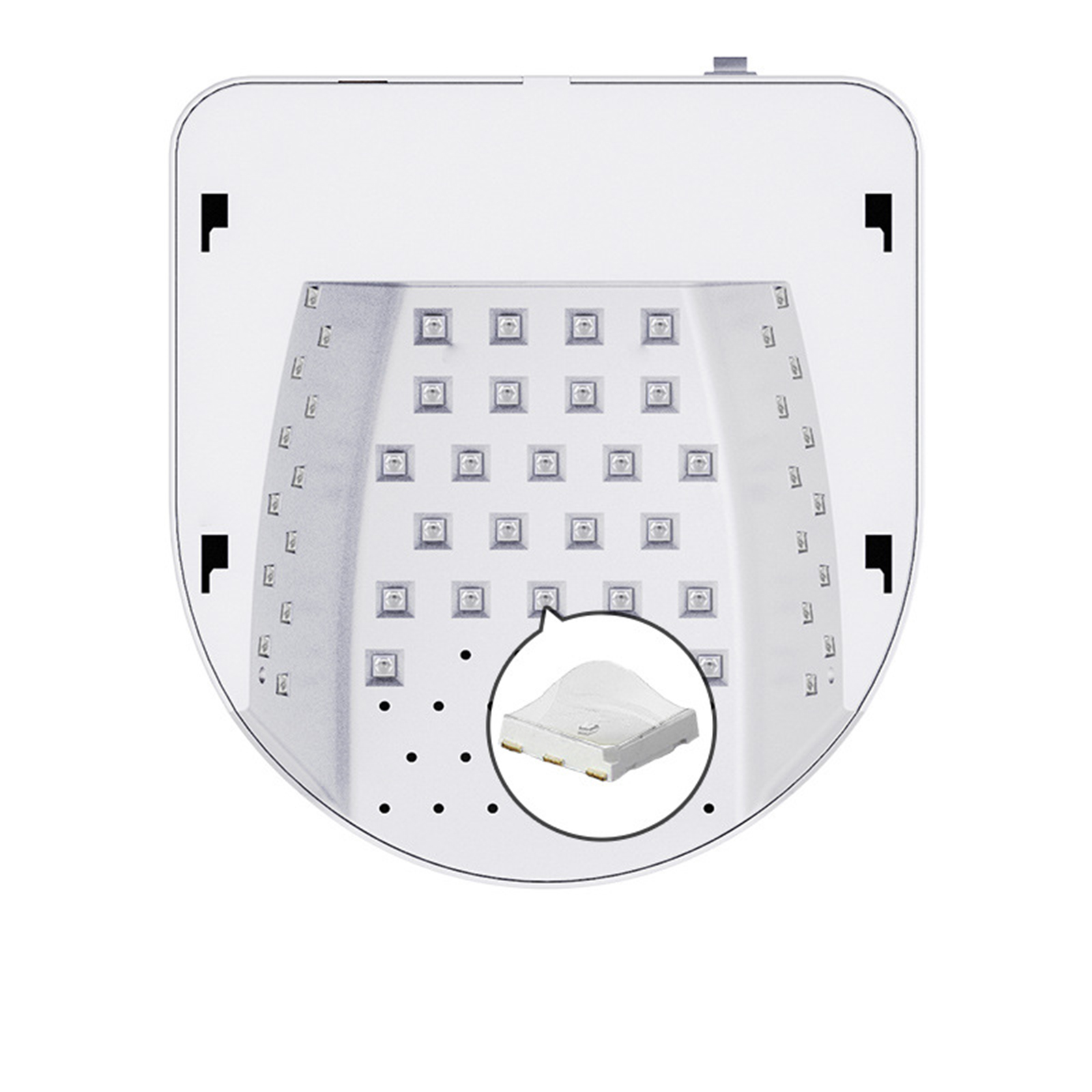 Ein weißes LED-Lichtpanel mit vielen kleinen quadratischen Lichtern. Eine kleine Komponente wird vergrößert.