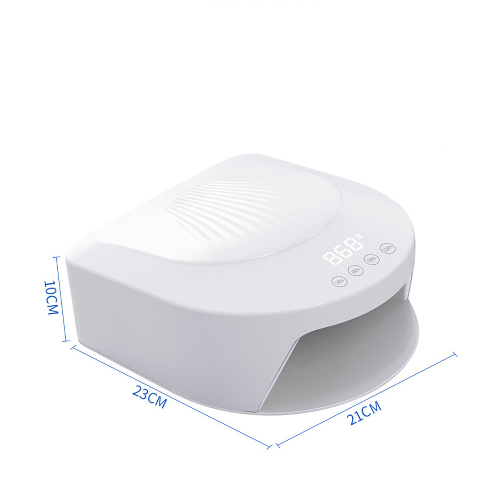 Weißer Nageltrockner mit Digitalanzeige und Abmessungen: 23 cm x 21 cm x 10 cm. Weißer Hintergrund.