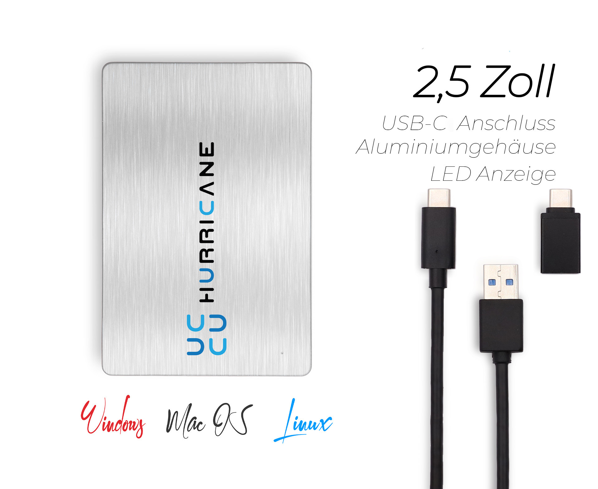 Silberne Festplatte mit blauer Schrift. USB-C- und USB-Kabel. Weißer Hintergrund.