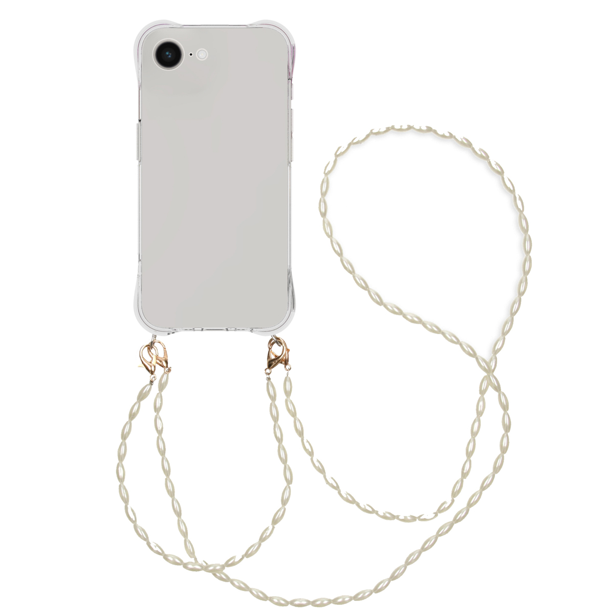 Een telefoon in een doorzichtige hoes met een parelketting. Gouden sluitingen verbinden de ketting met de hoes.