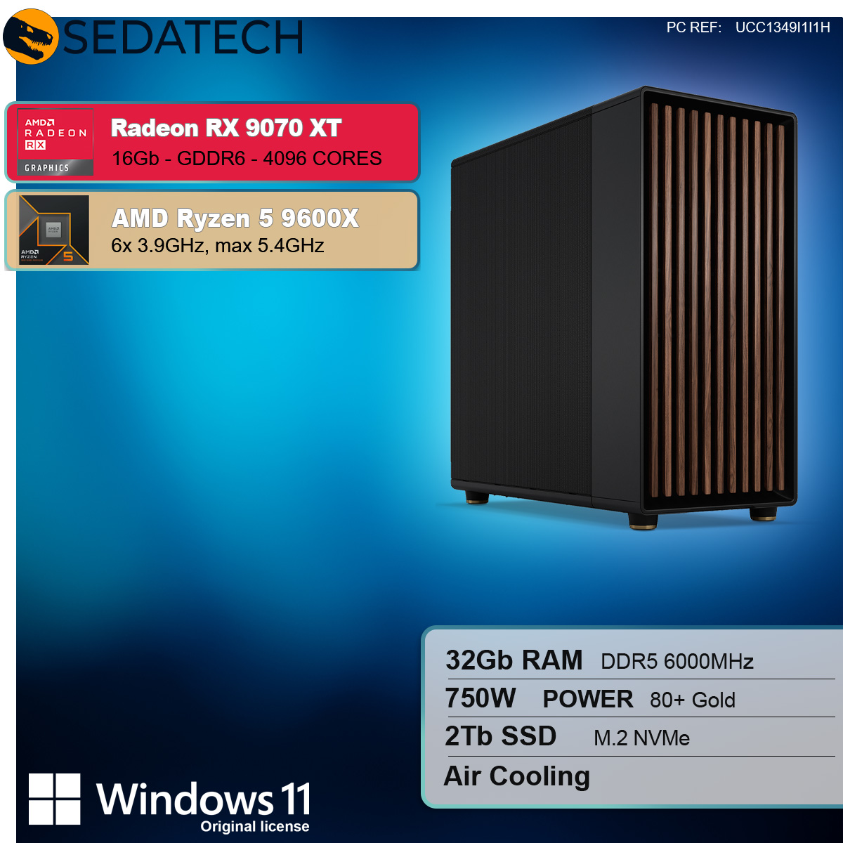 Case per computer nero con testo: Radeon RX 9070 XT, AMD Ryzen 5 9600X, Windows 11.