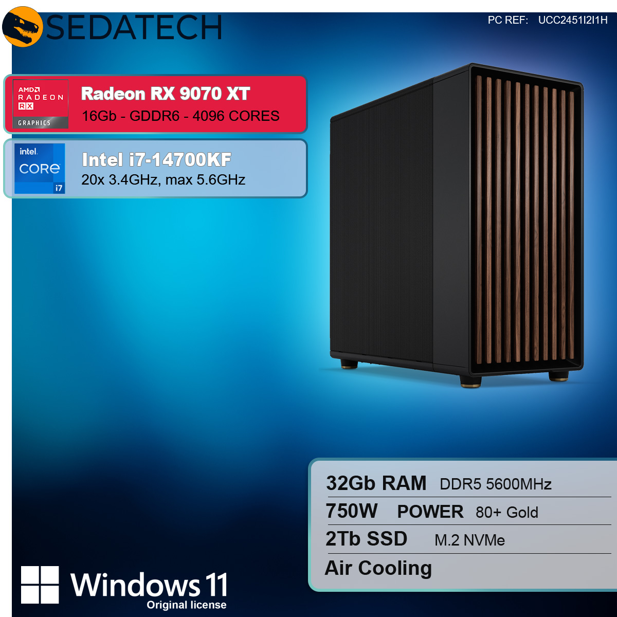 Gaming-PC mit Radeon RX 9070 XT und Intel i7-14700KF, Luftkühlung und Windows 11.