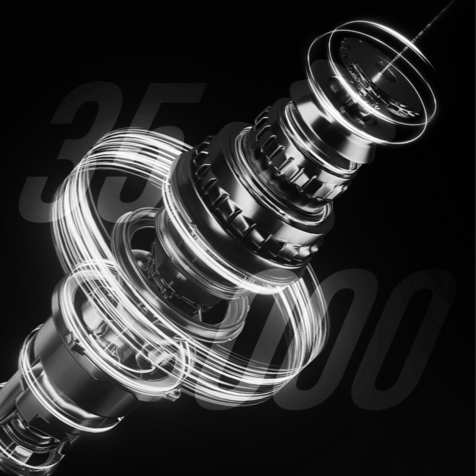 Nahaufnahme eines mechanischen Geräts, bestehend aus mehreren Metallteilen mit weißen Lichteffekten.
