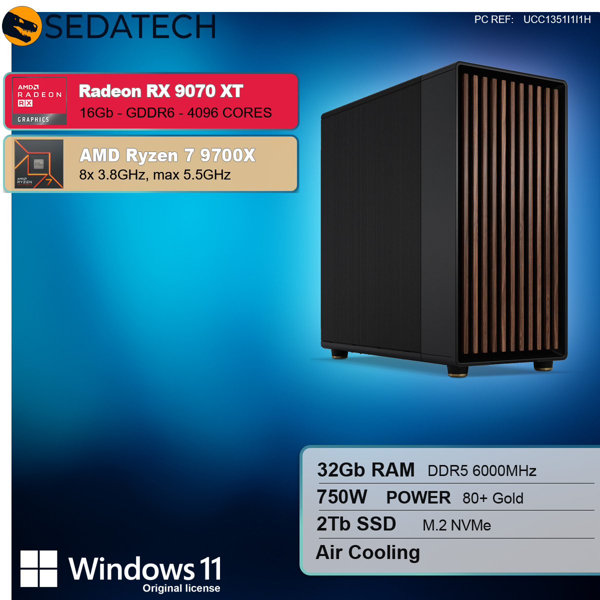 Case per computer nero con AMD Radeon RX 9070 XT, AMD Ryzen 7 9700X e logo Windows 11.