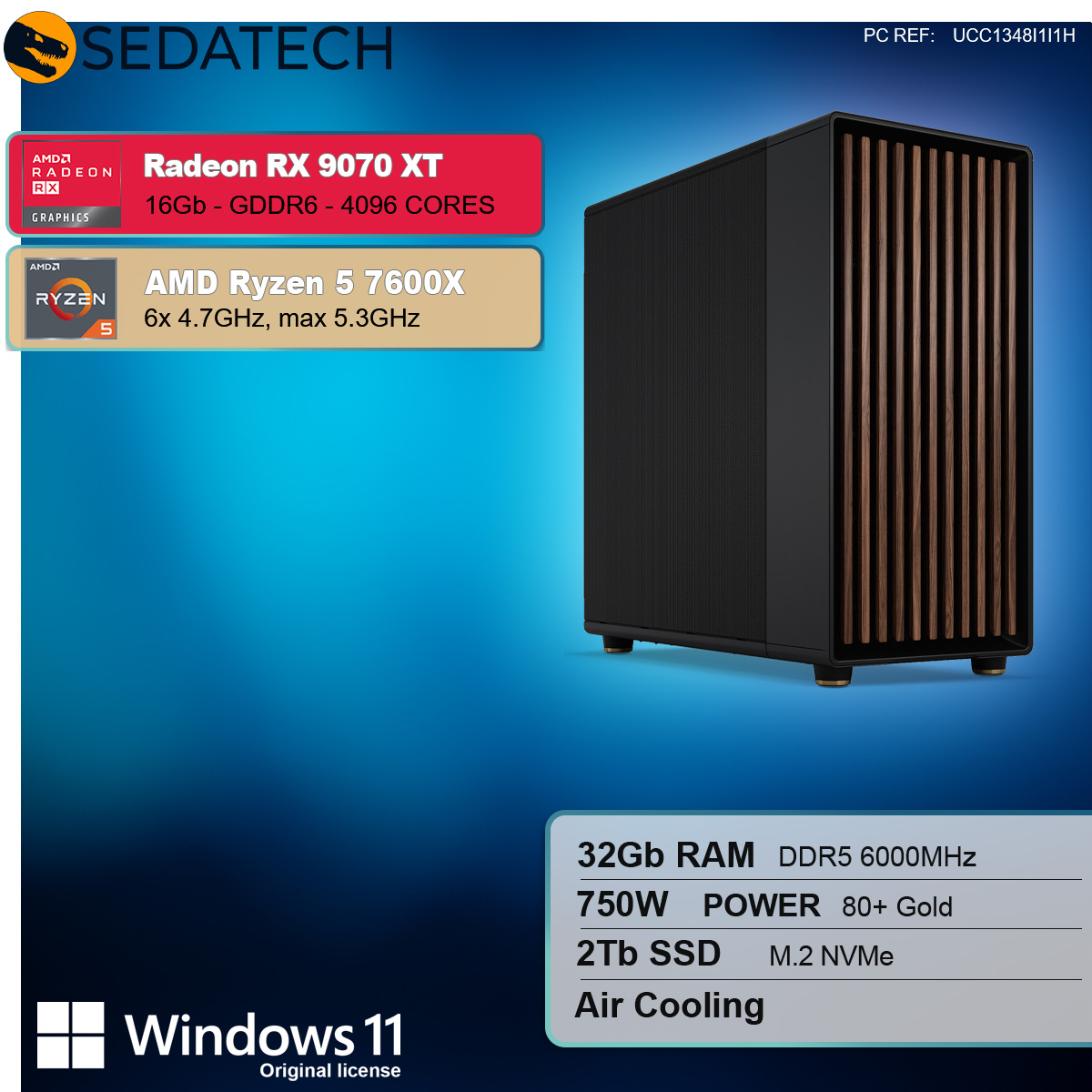 Case per computer desktop con specifiche. AMD Ryzen 5, Radeon RX 9070 XT e 32GB di RAM.