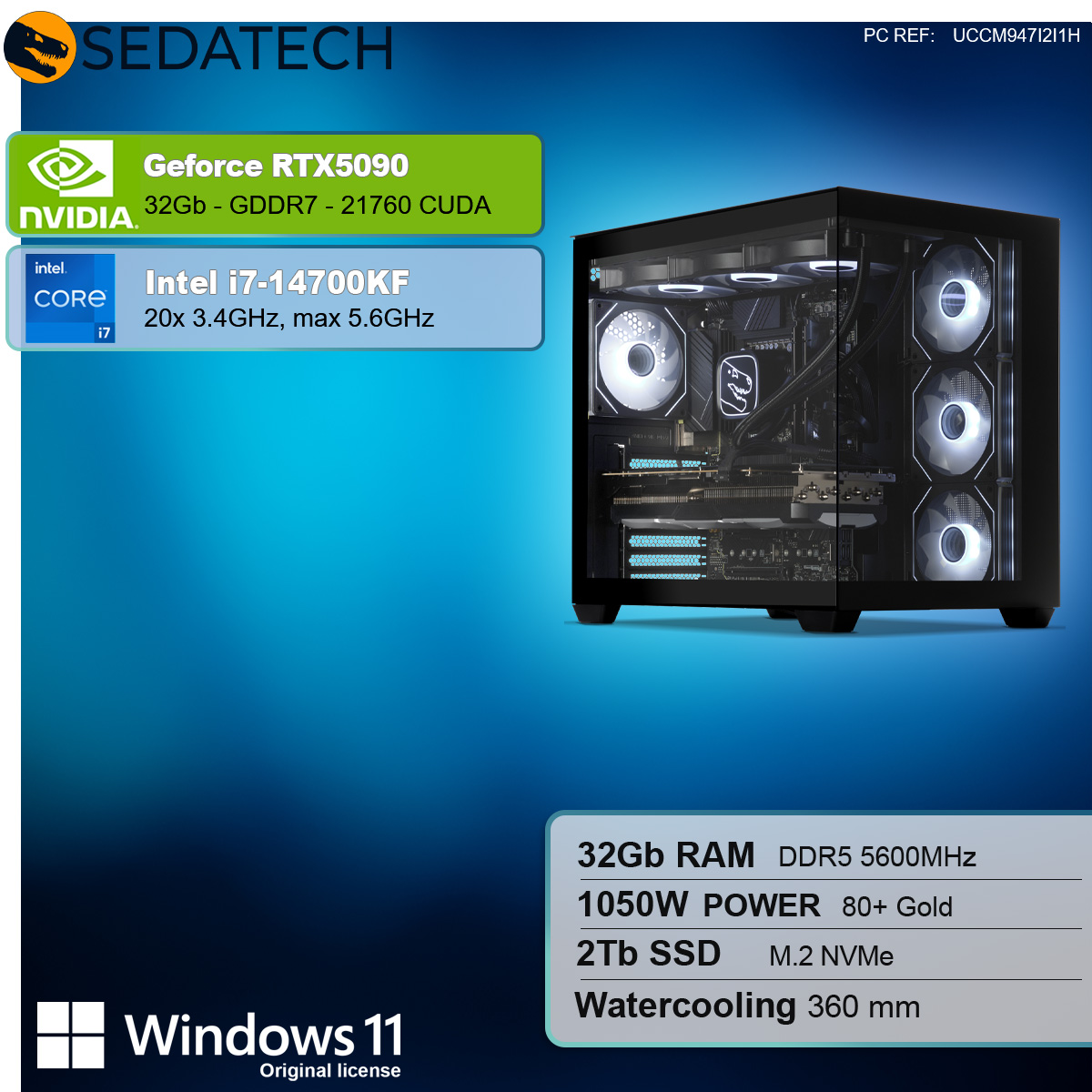 Ein Gaming-PC mit den Spezifikationen GeForce RTX5090 und Intel i7-14700KF, mit einem Wasserkühlsystem.