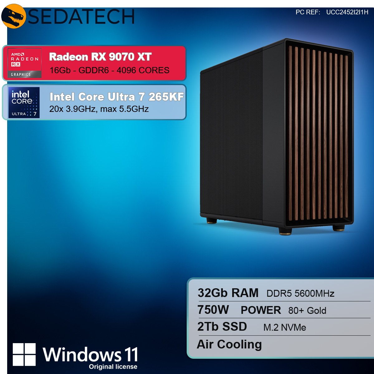 Un case per computer nero con specifiche sulla sinistra. Include testo e grafica.