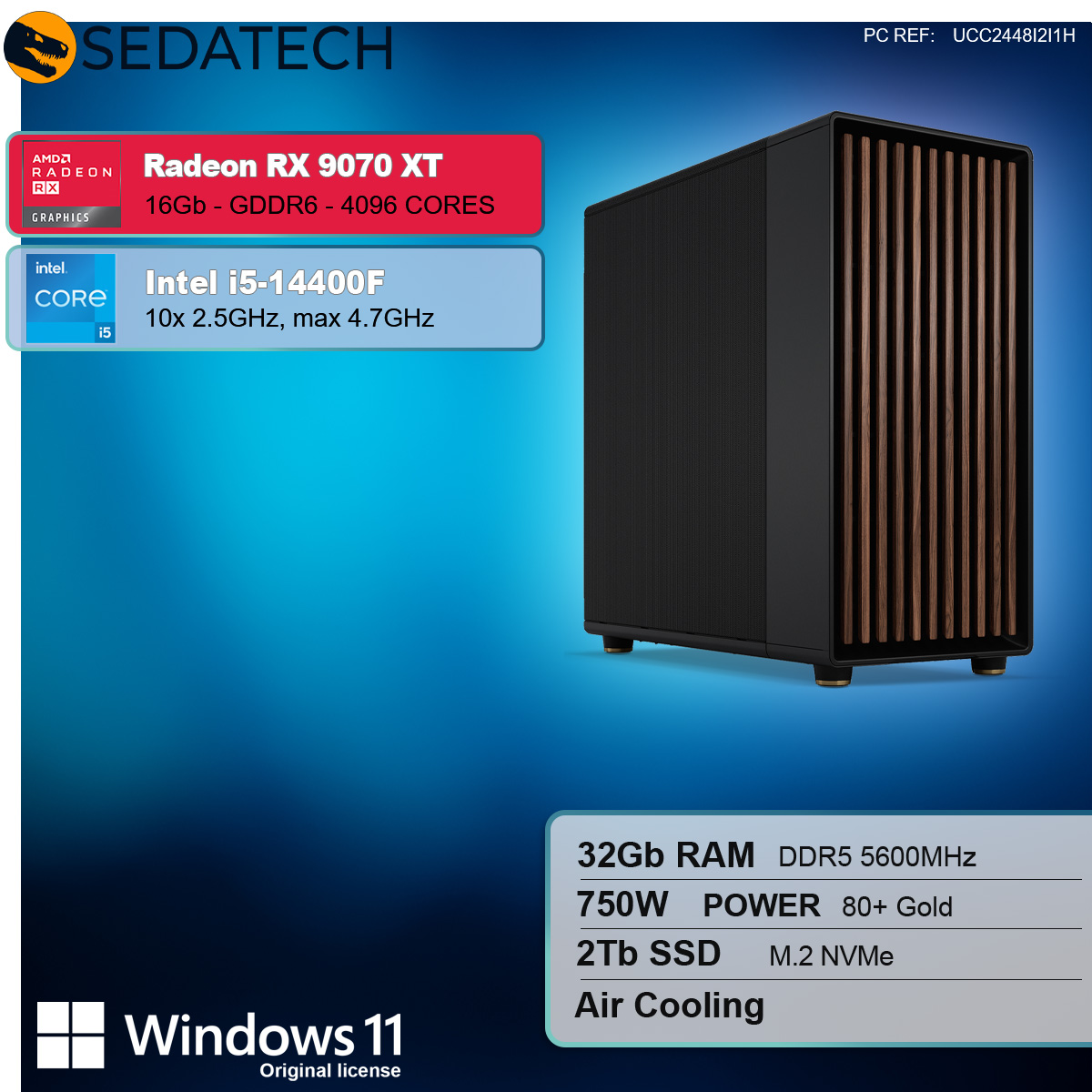 Case per computer con specifiche. Include Radeon RX 9070 XT, Intel i5-14400F, Windows 11.