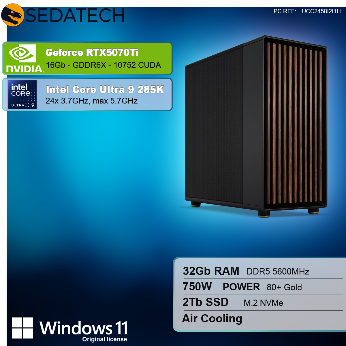 Czarna obudowa komputera z brązowym przodem. Tekst wyświetla specyfikacje komputera, Nvidia i Intel.