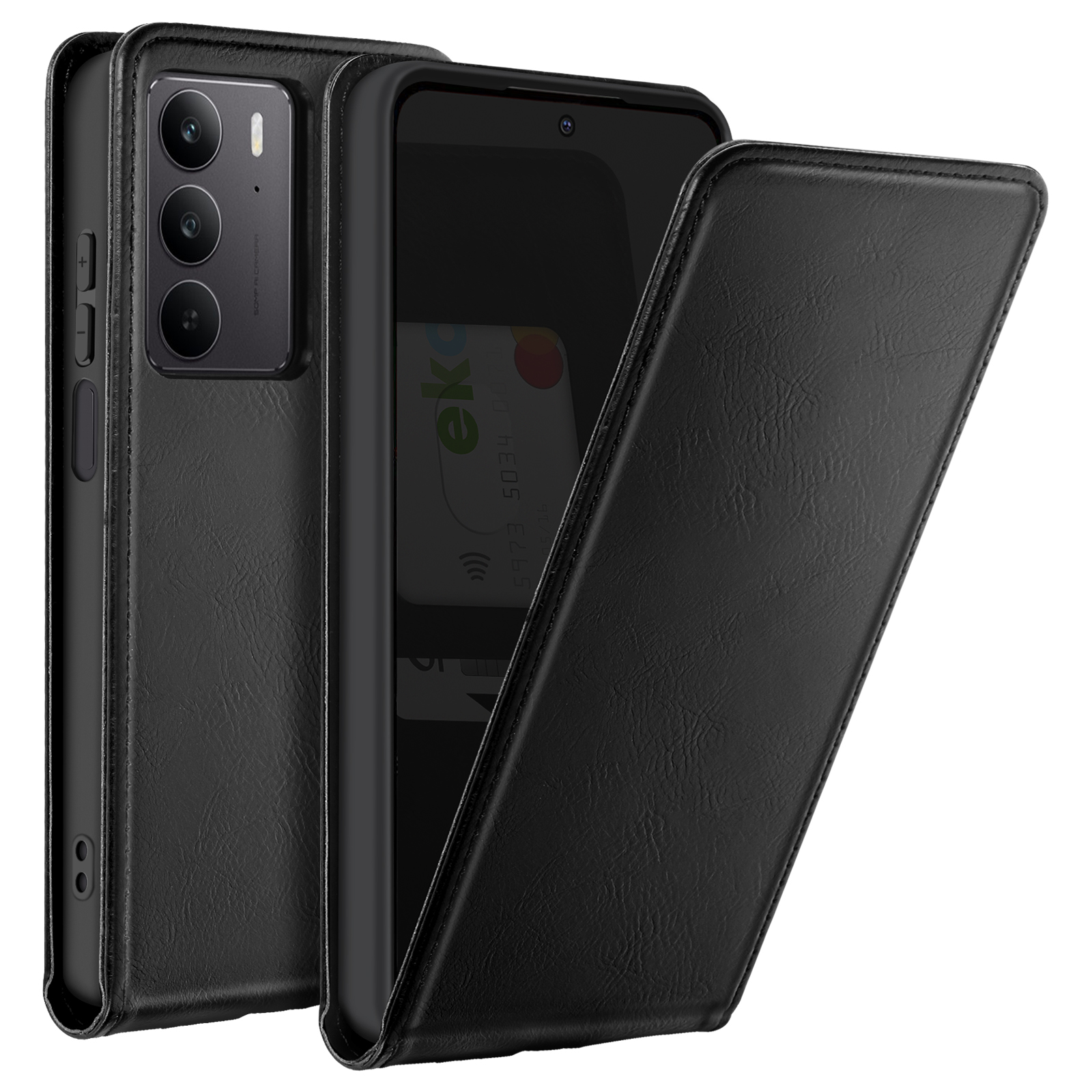 Custodia nera per telefono con telefono e fessure per carte aperte.