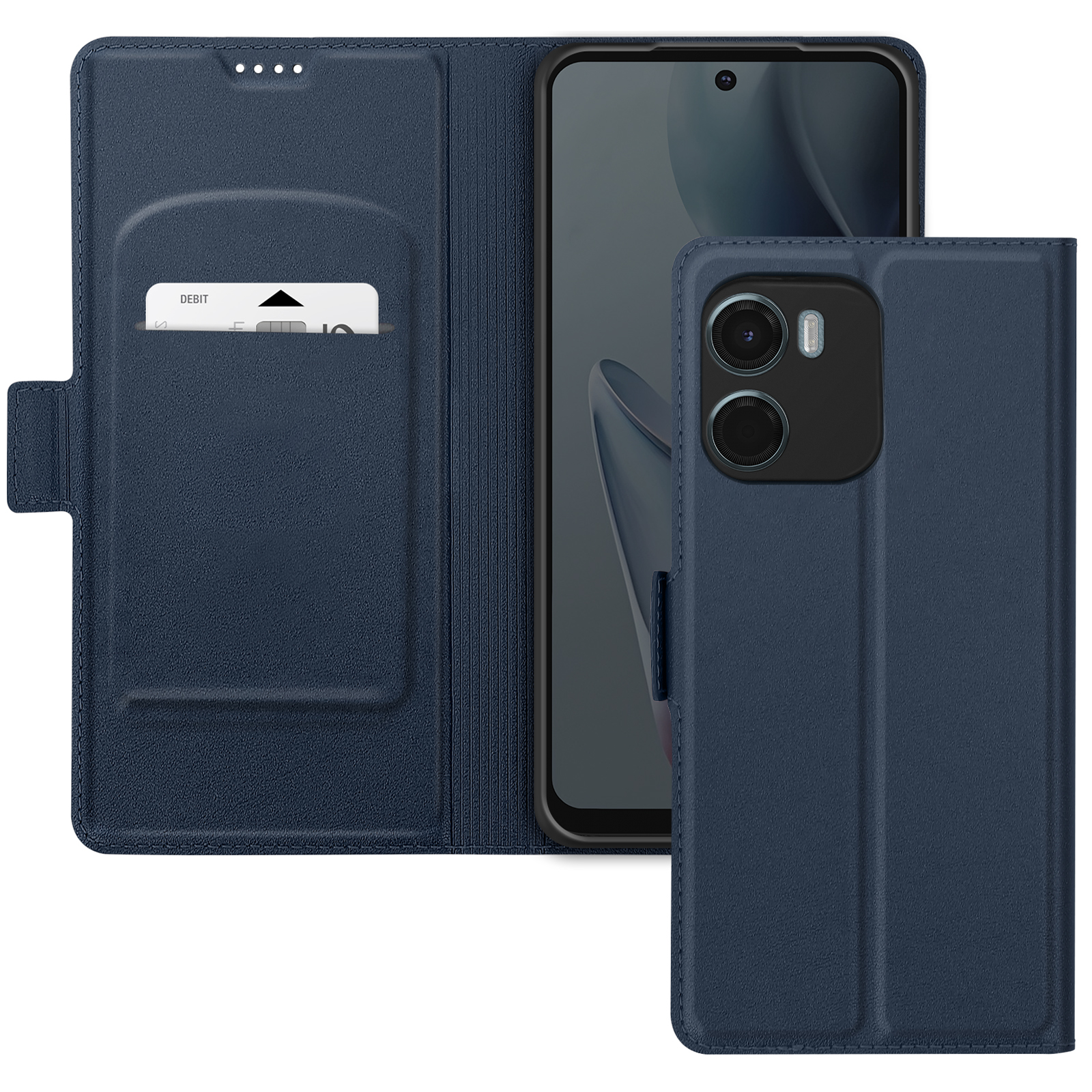 Custodia per telefono blu, aperta, con una carta e un telefono. La custodia è chiusa, rivelando un modulo fotocamera sul telefono.
