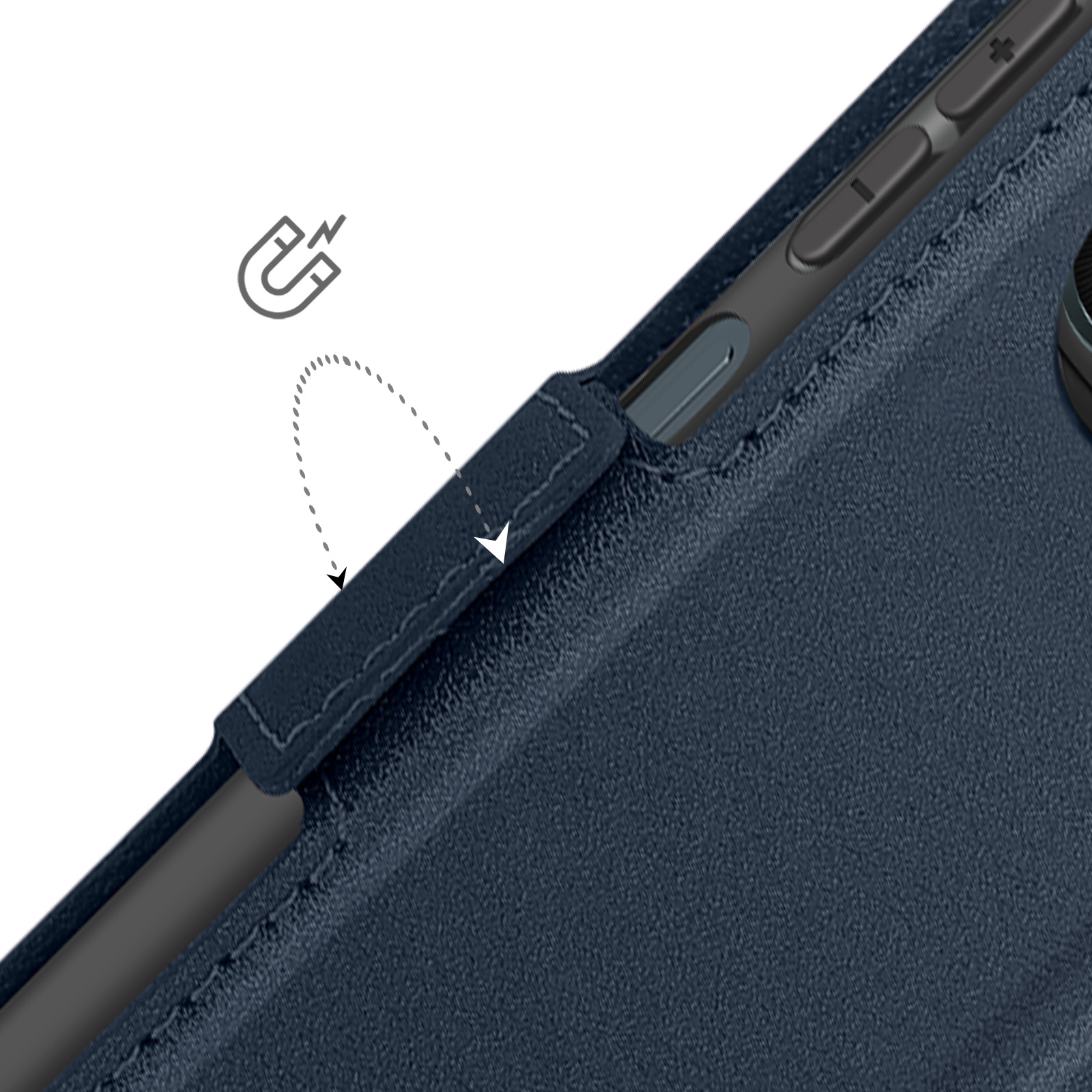 Primo piano di una custodia blu per telefono con chiusura magnetica, il telefono è visibile.