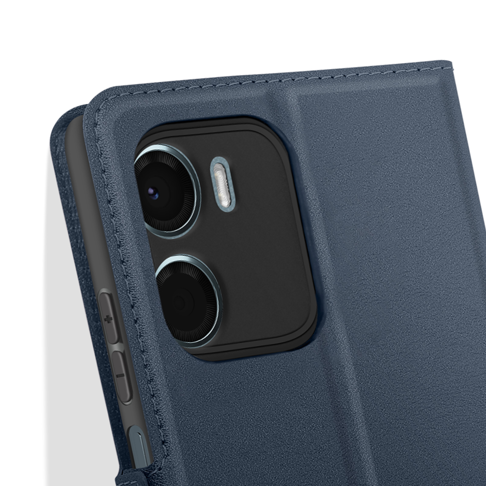 Primo piano di una custodia blu per telefono, che protegge la fotocamera del telefono. Il telefono è all'interno.