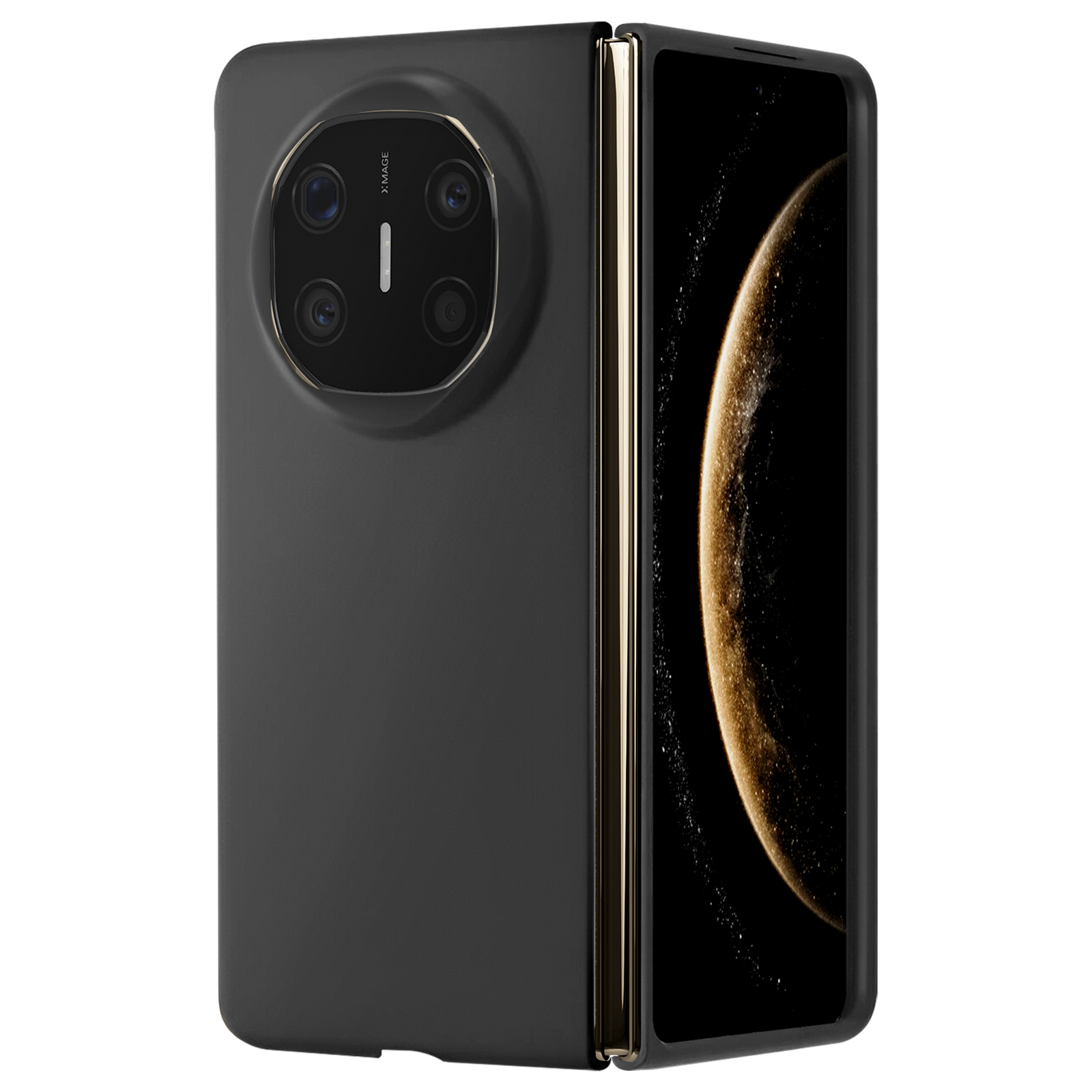 Smartphone nero pieghevole con modulo fotocamera sul retro e cornice color oro.