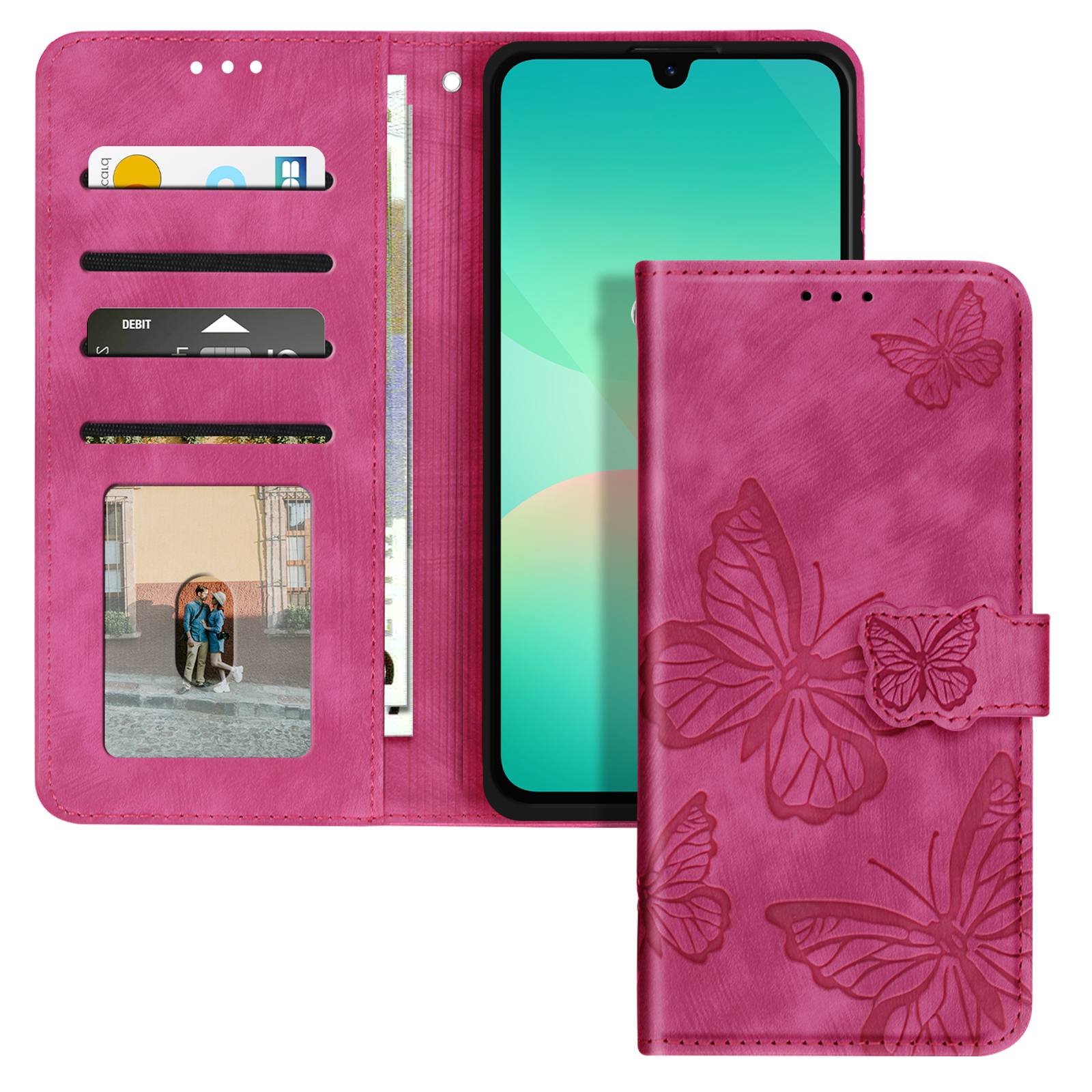 Rosa Handyhülle mit Schmetterlingsdesign. Innen: Telefon, Kartenfächer und Geld.