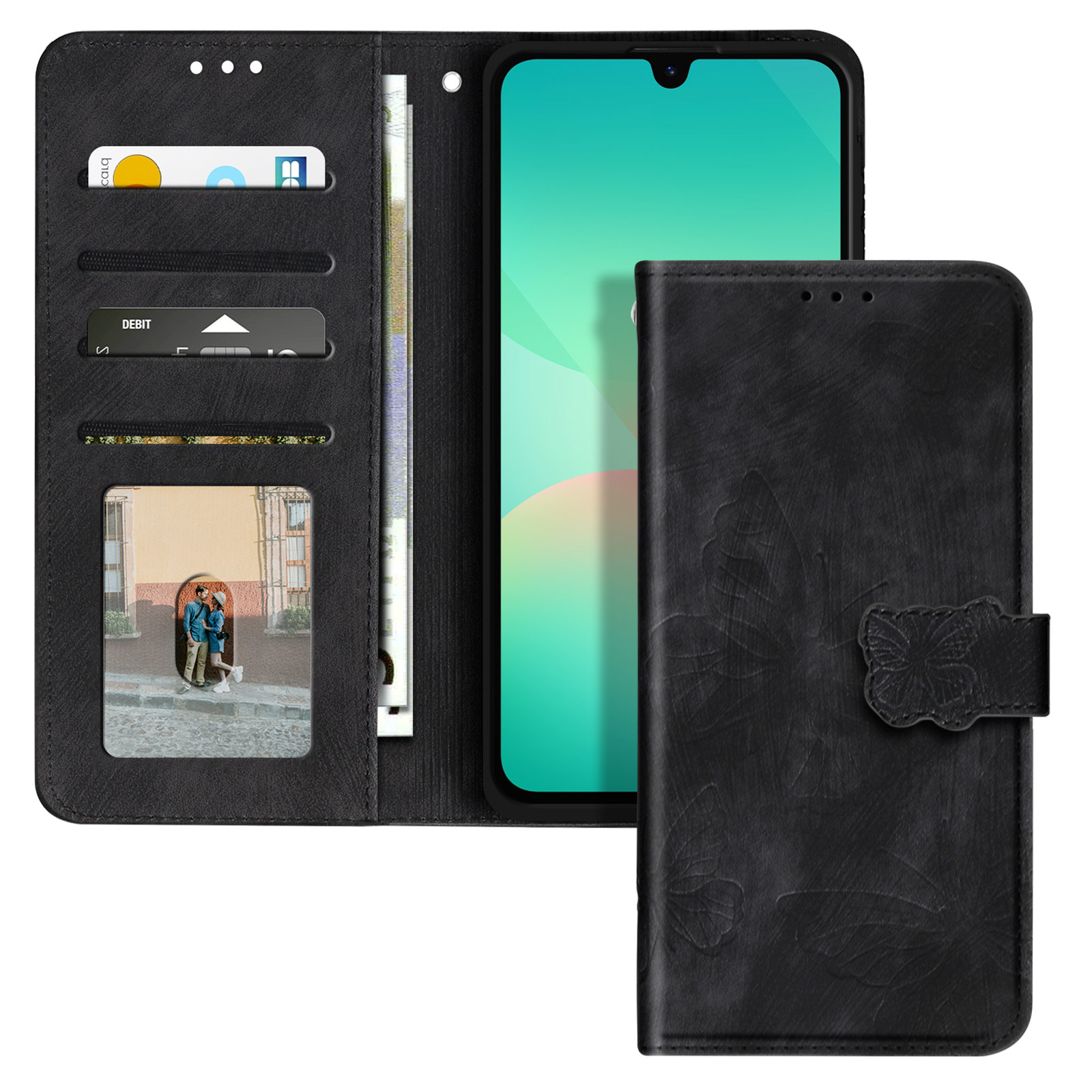 Étui portefeuille noir ouvert, montrant cartes, espèces et téléphone.