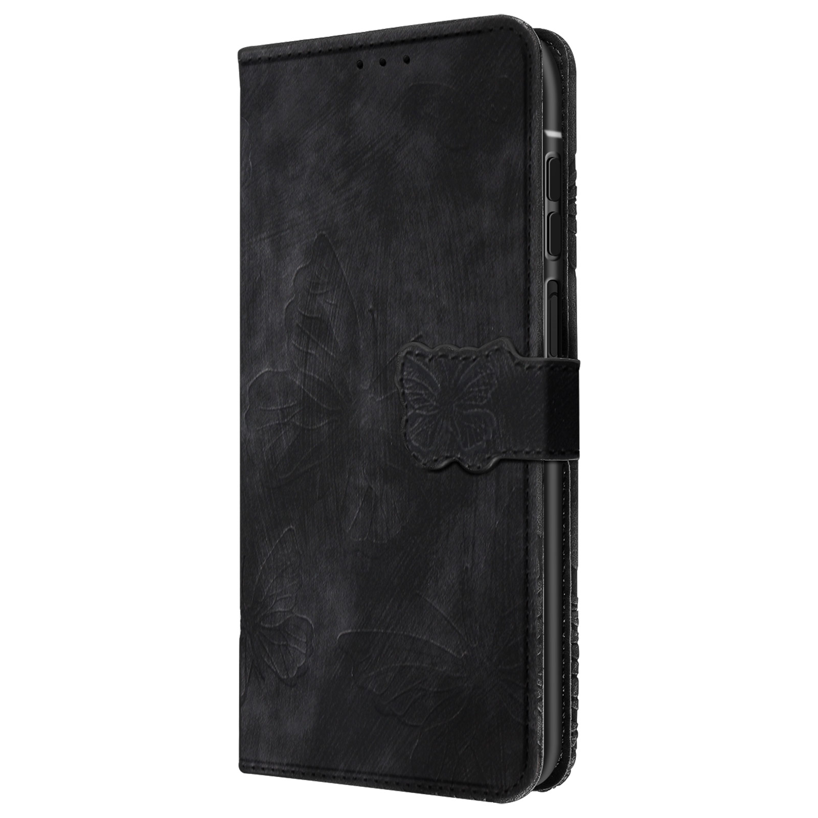 Coque de téléphone noire, texturée avec motif papillon et fermeture magnétique. Le fond est blanc.