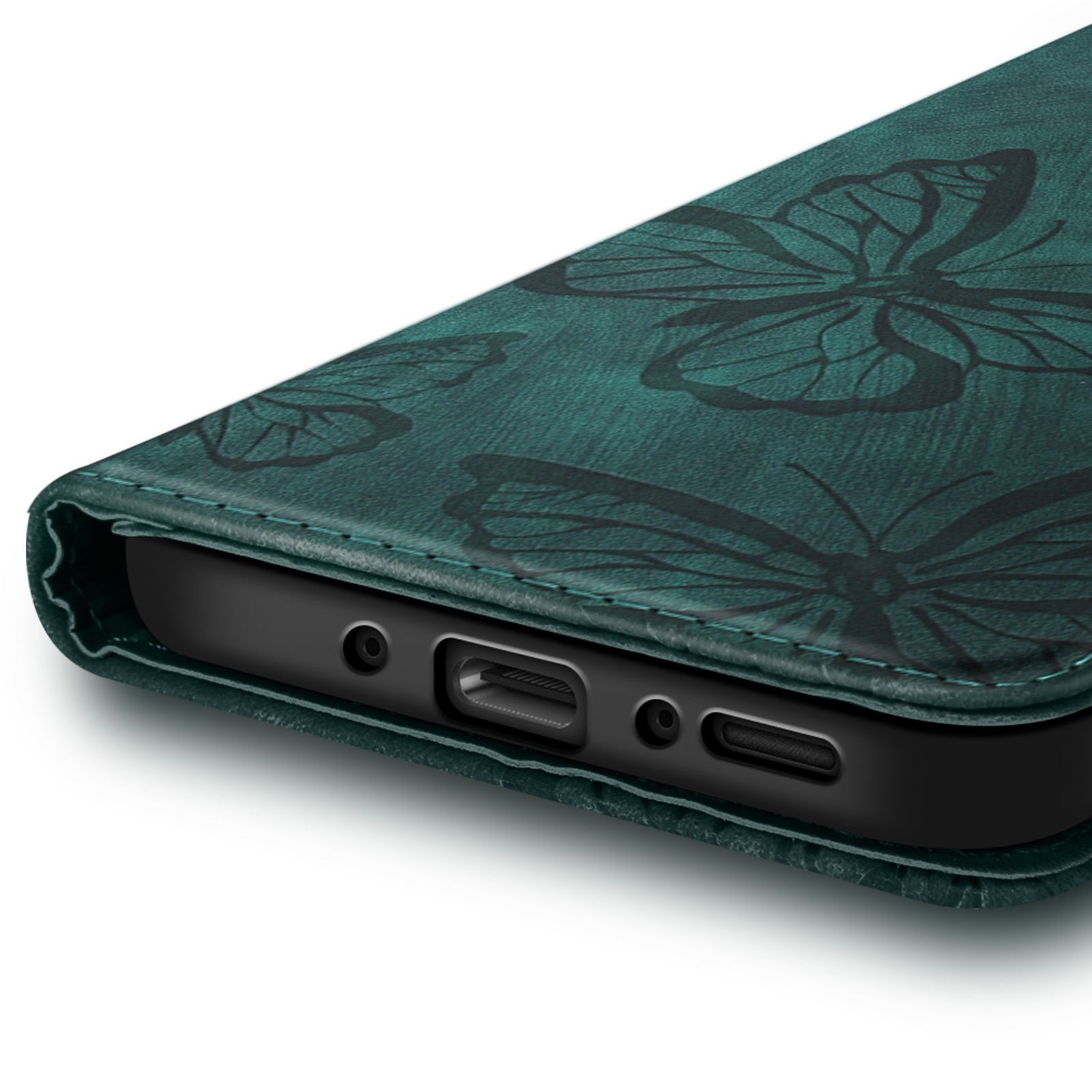 Custodia verde con design a farfalla. Bordo nero del telefono visibile. Sfondo bianco.