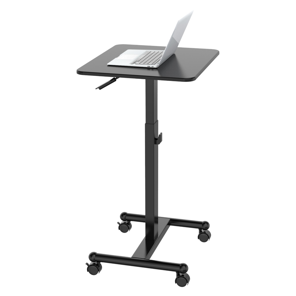 Czarny regulowany stolik na laptopa z laptopem, białe tło.