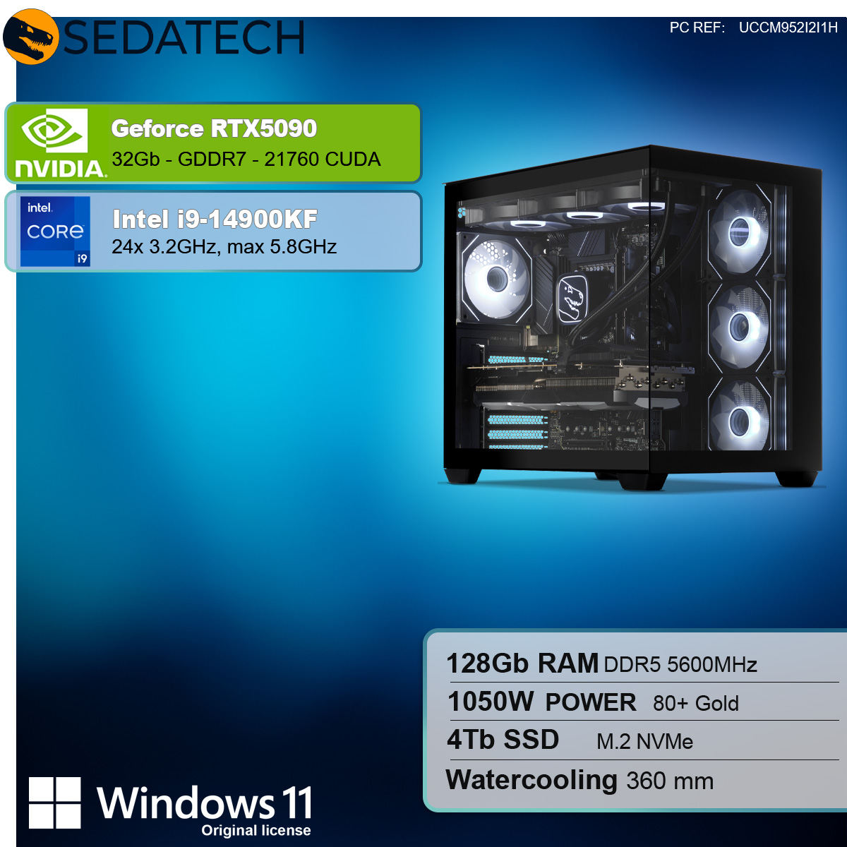Computer desktop con custodia in vetro, che mostra componenti interni e specifiche dettagliate nel testo.