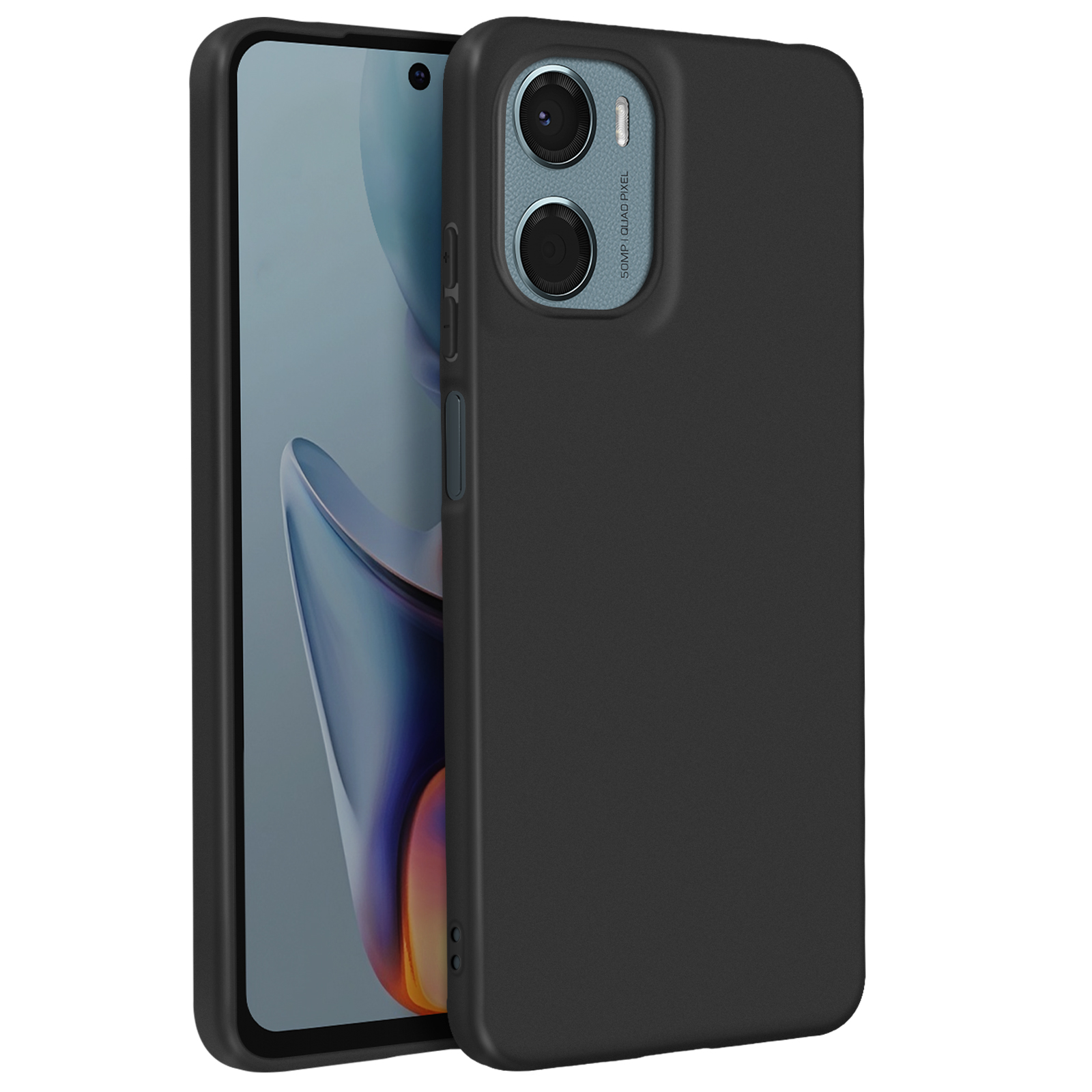Telefono nero e custodia nera. Il telefono ha un'estensione della fotocamera. Sfondo bianco.