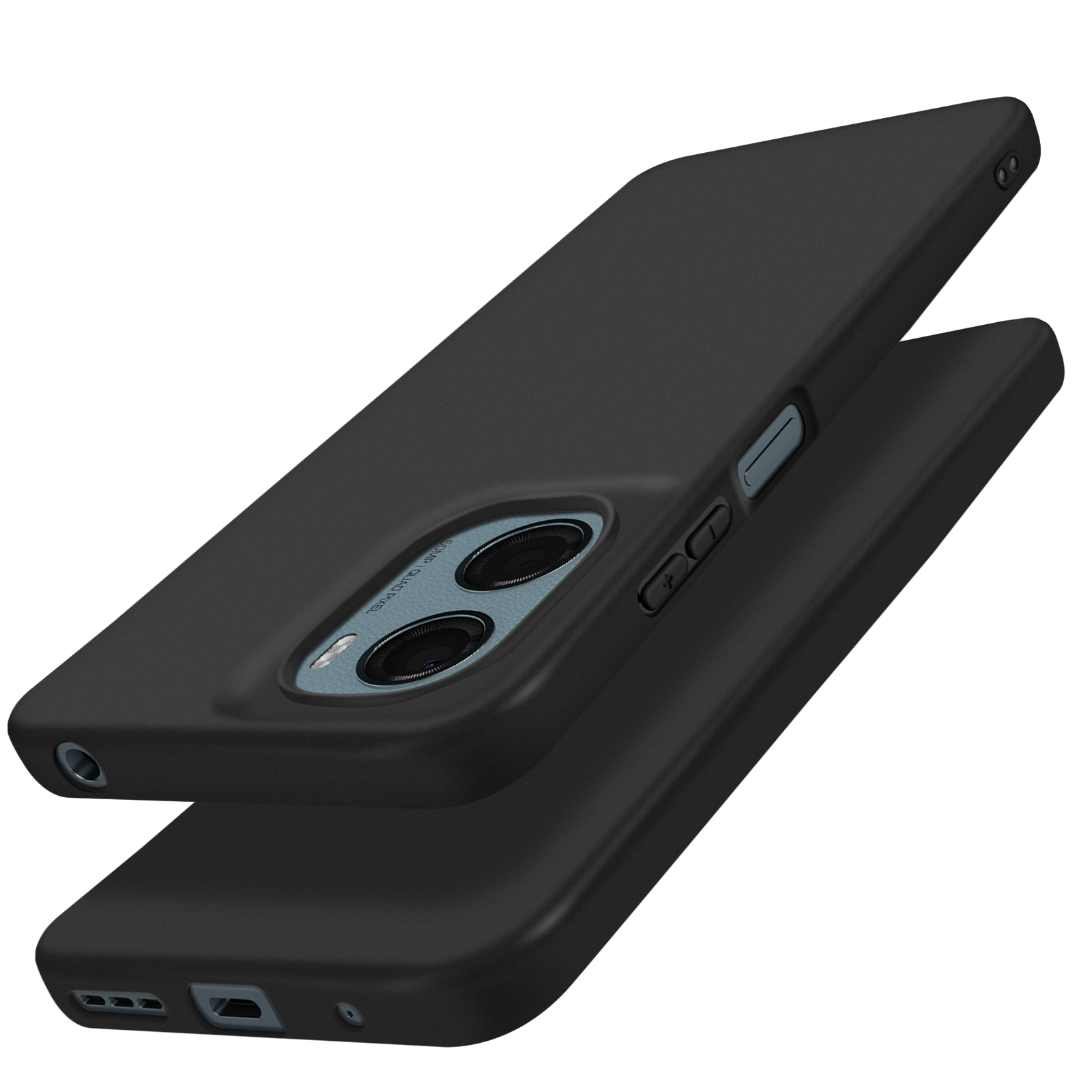 Due custodie per telefono nere impilate, che mostrano i ritagli della fotocamera e i pulsanti.
