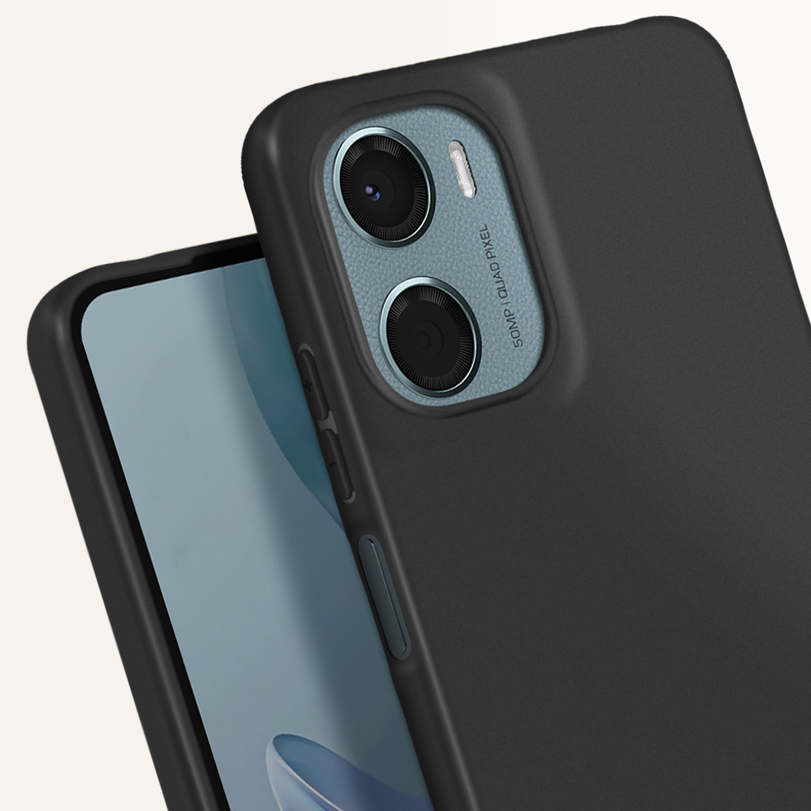 Una custodia nera per telefono con fotocamera. La custodia copre il telefono.
