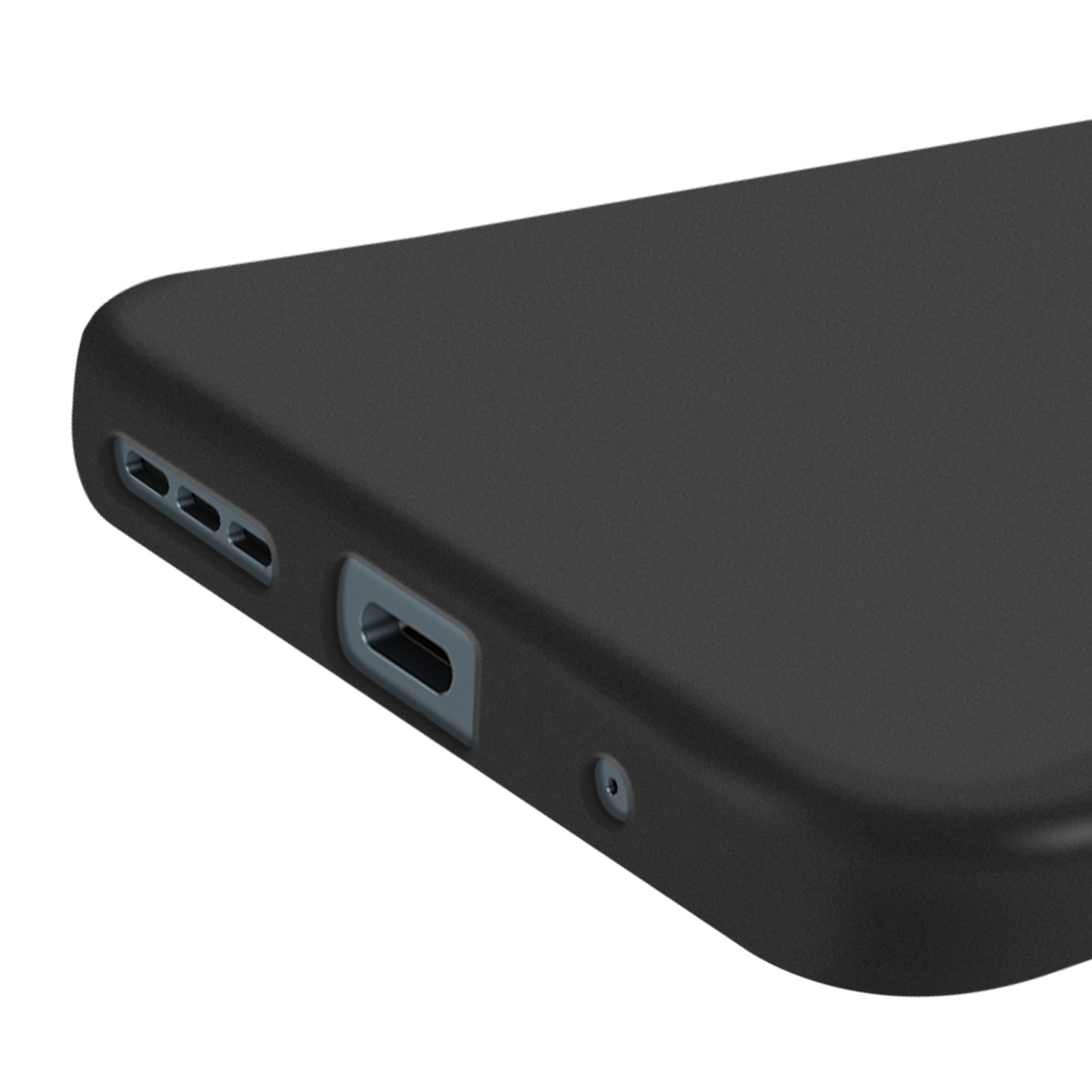 Primo piano di un telefono nero con una porta di ricarica e fori per gli altoparlanti.