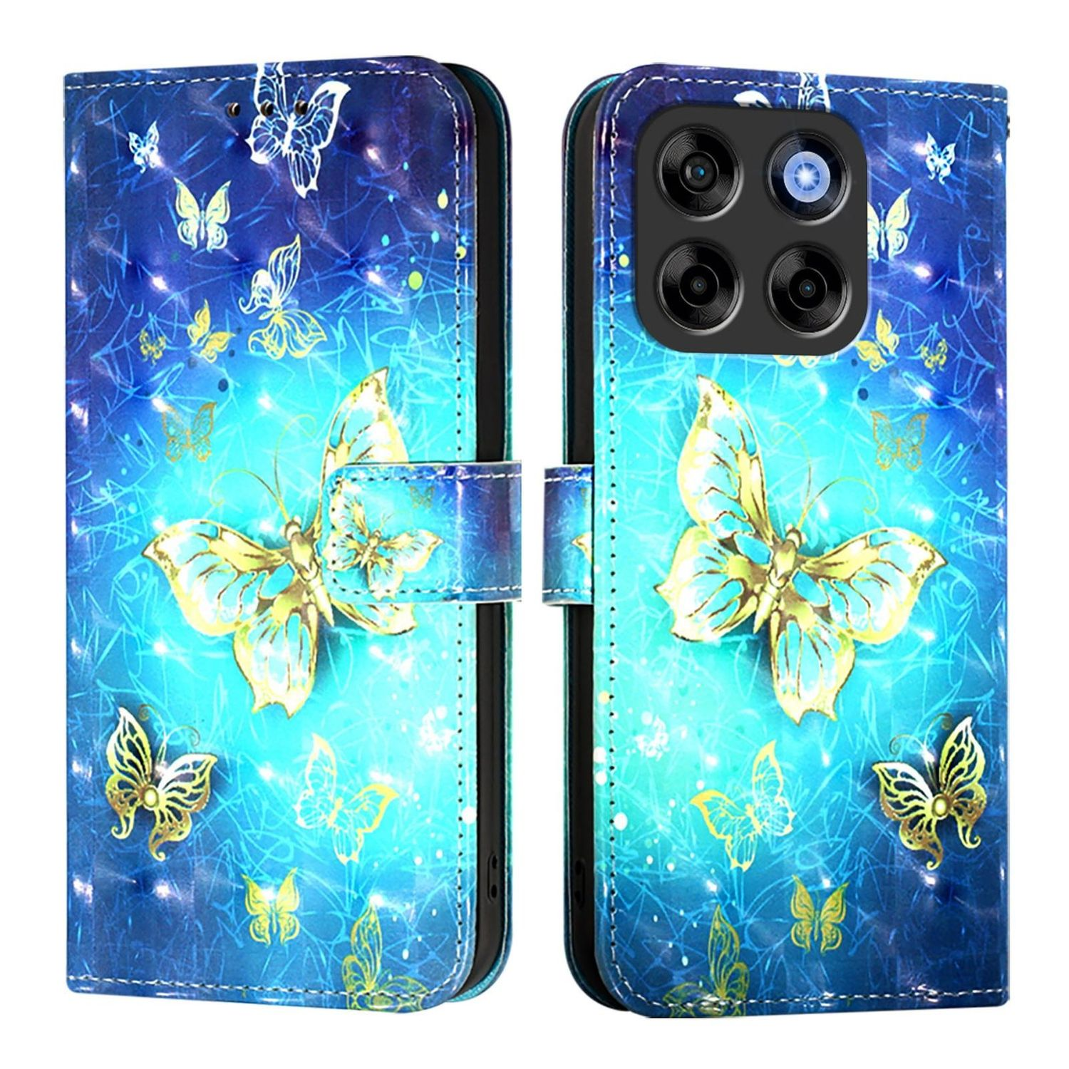 Blaue Handyhülle. Schmetterlinge und Blumendesign. Zwei Teile, eins mit Kameraausschnitt.