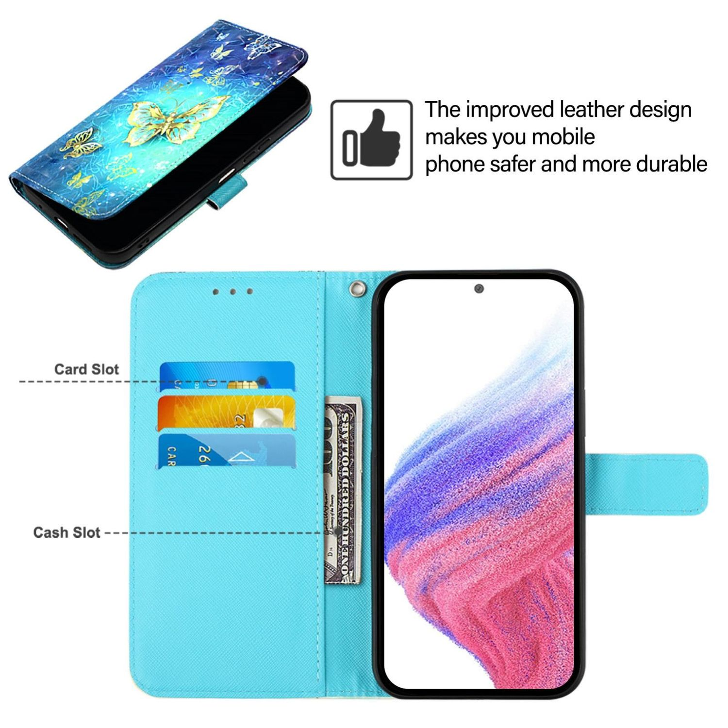 Blaue Handyhülle mit Schmetterlingen und einem Handy. Im Inneren befinden sich Karten- und Geldfächer.