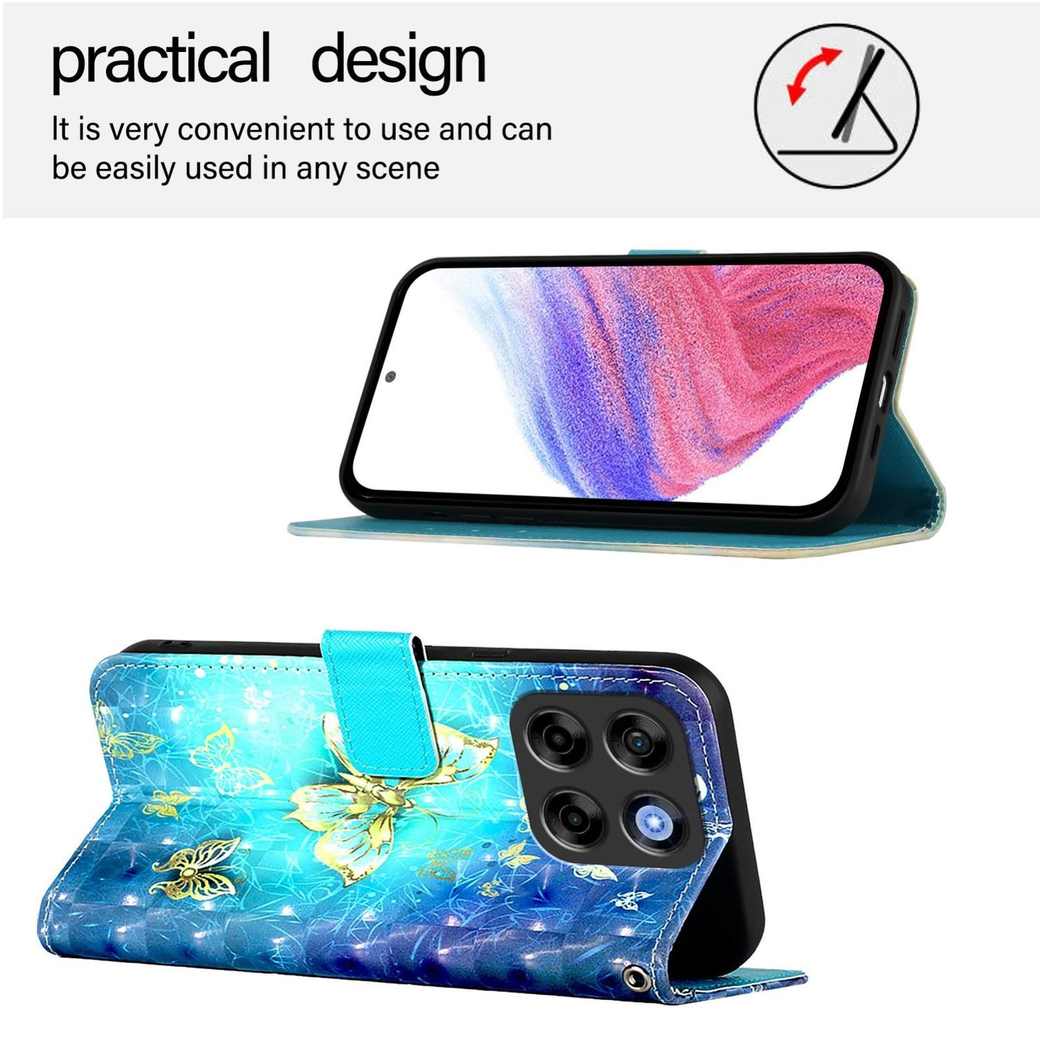 Ein Telefon in einer blauen Hülle mit Schmetterlingsgrafik. Die Hülle kann als Ständer verwendet werden.