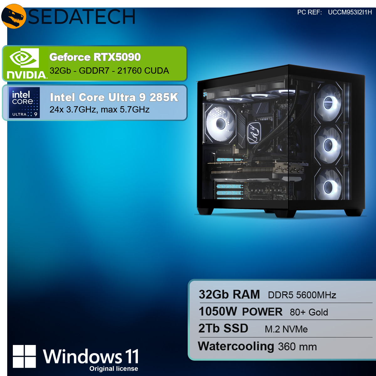 Gaming-PC mit Lichtern und Komponenten, mit Spezifikationen links. Windows 11 Logo unten.
