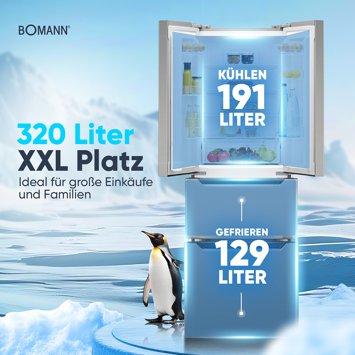 Obraz lodówki z tekstem. Widok wnętrza i pingwin na dole. Niebieskie akcenty.