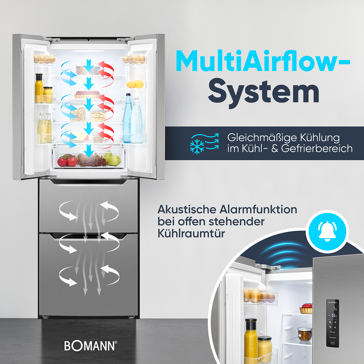 Lodówka z otwartymi drzwiami, pokazująca wnętrze. Strzałki pokazują system chłodzenia i jego funkcje.