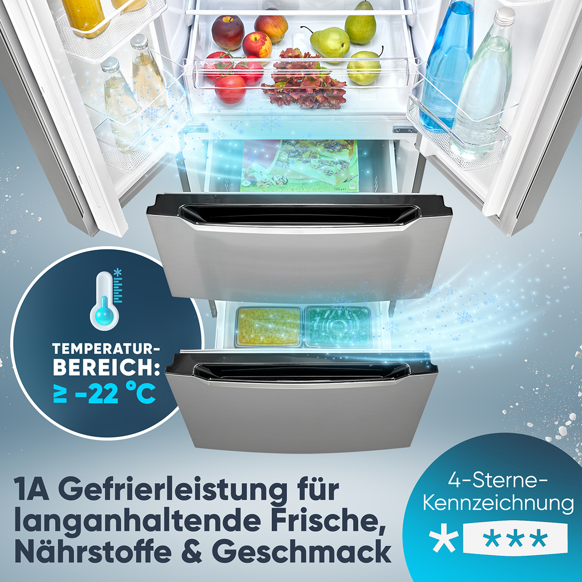 Otwarta lodówka z jedzeniem w środku. Ma dwie szuflady i wyświetlacz temperatury.