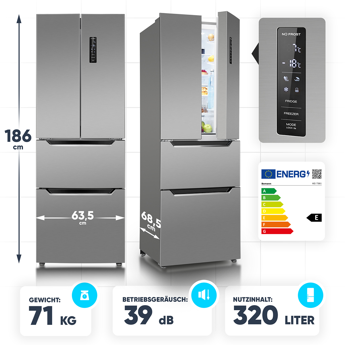 Srebrna lodówka z czterema otwartymi drzwiami. Wyświetlana jest etykieta energetyczna i wymiary.