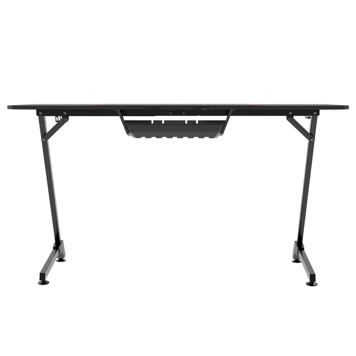 Czarny stół gamingowy. Blat z włókna węglowego i system zarządzania kablami.