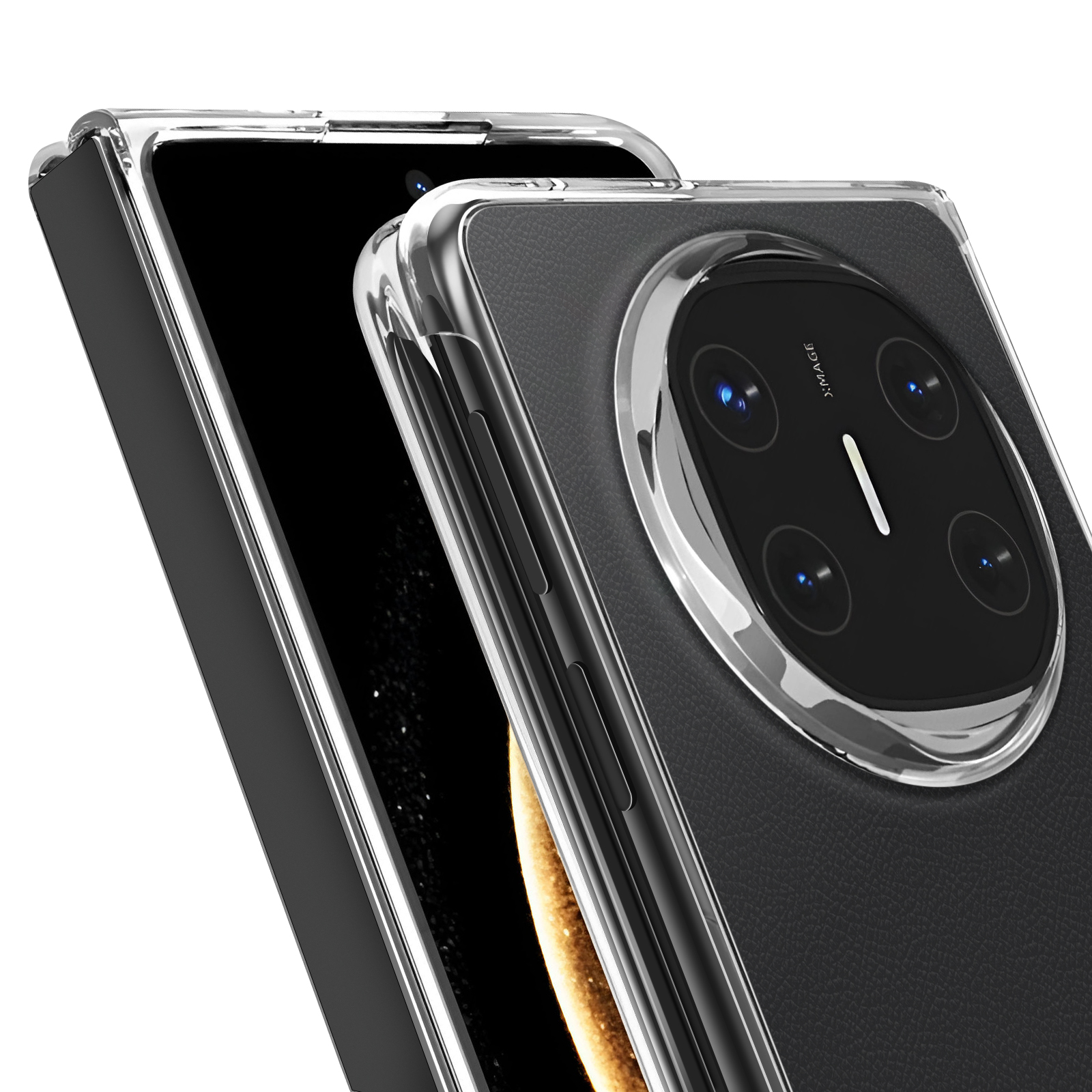 Primo piano di due telefoni cellulari con custodie trasparenti. Un telefono ha un array di fotocamere.