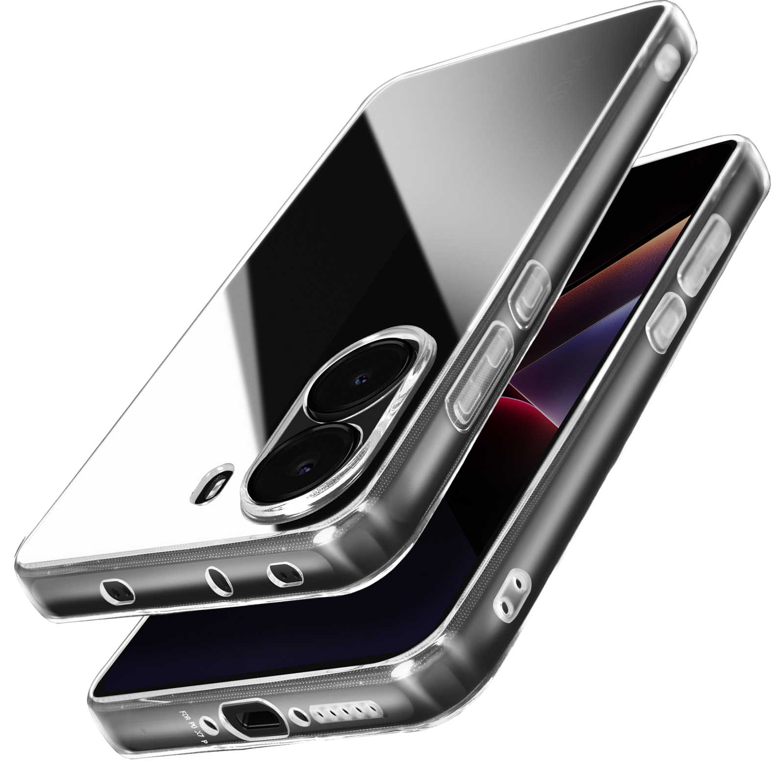 Un telefono in una custodia trasparente, con schermo lucido e riflettente e il modulo fotocamera visibile.