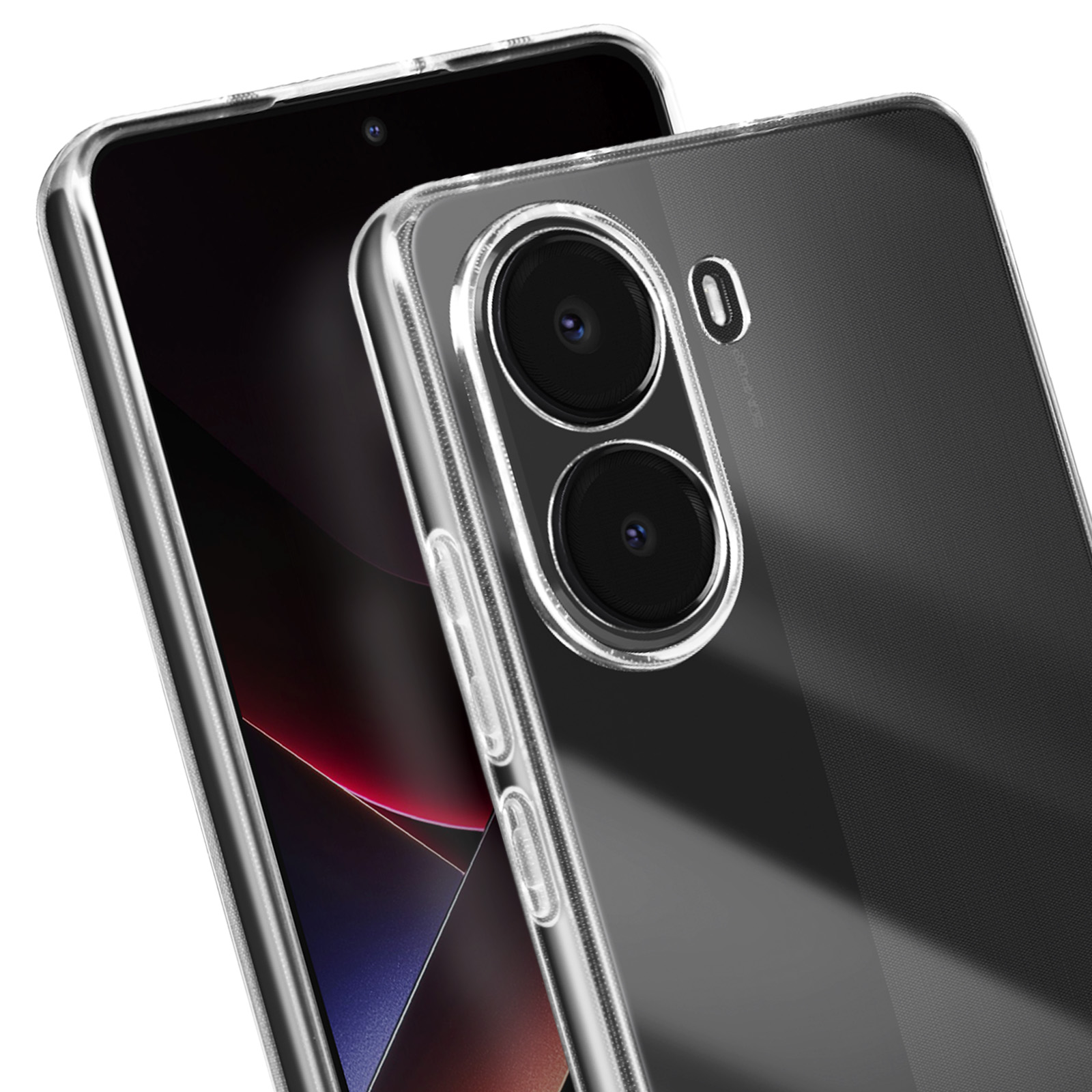 Una custodia trasparente per telefono con due fotocamere. Un telefono nero è visibile all'interno.