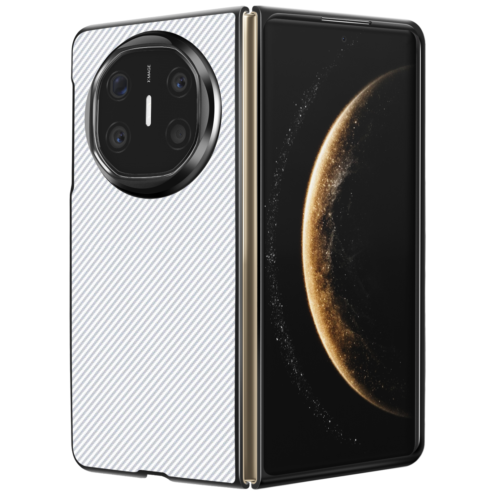 Telefono pieghevole con retro a fantasia bianca e grigia, modulo fotocamera nero e cornice dorata.