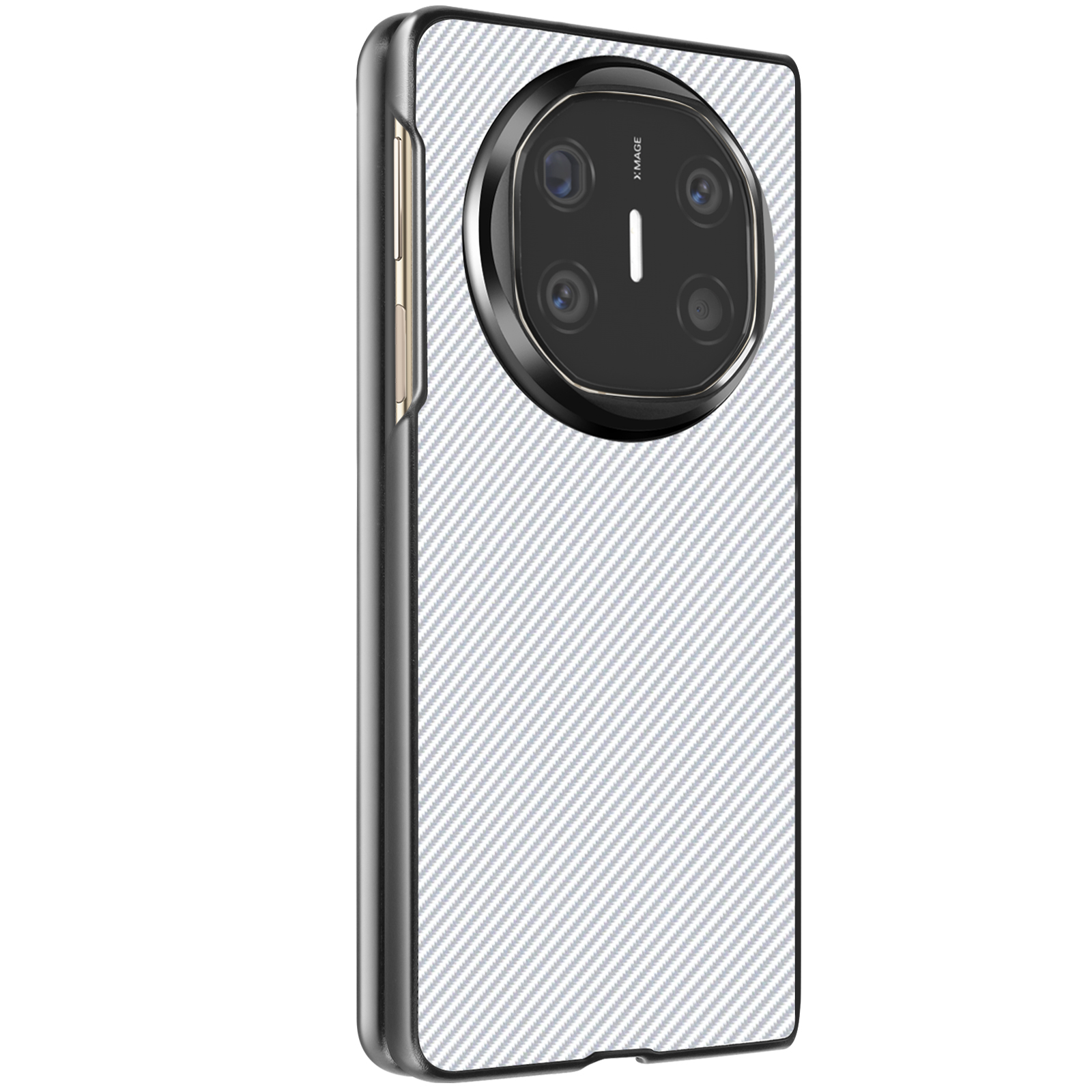 Custodia per telefono argentata con modulo fotocamera nero e motivo in fibra di carbonio bianca.