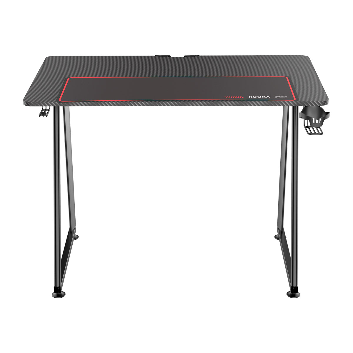 Czarny stół do gier z czerwonymi wykończeniami i uchwytem na kubek.