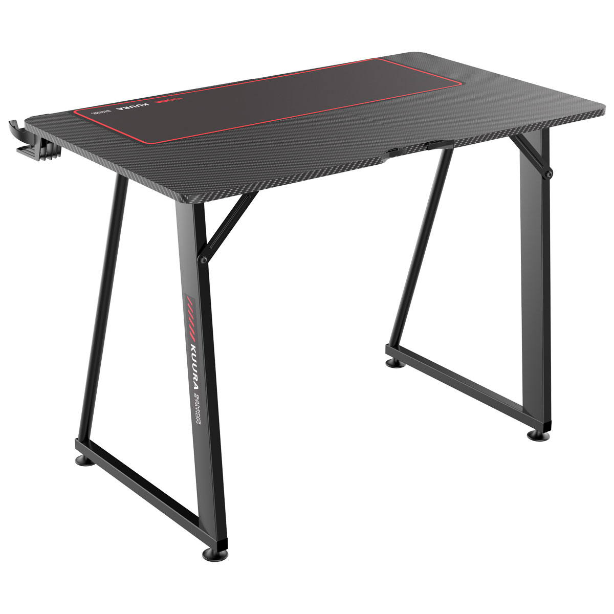 Czarny stół do gier z czerwonymi akcentami, czarne nogi i mata z czerwoną obwódką.