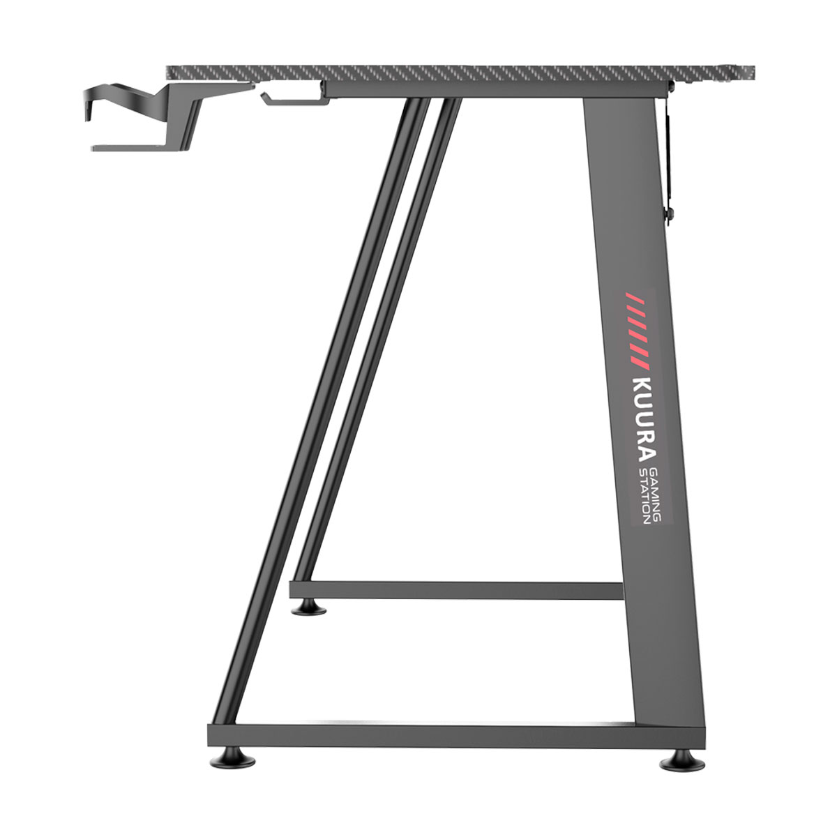 Czarny i szary stół gamingowy. Logo KUURA z boku. Białe tło.