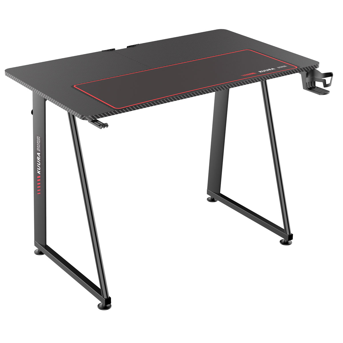 Biurko gamingowe z czerwoną podkładką i czarną ramą.