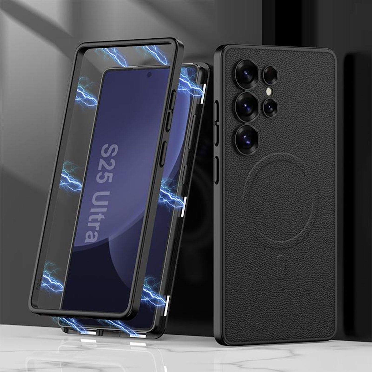 Schwarze Handyhülle mit Telefon. Zeigt beide Seiten des Telefons mit sichtbaren Magnetlinien.